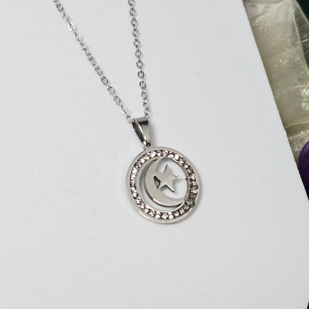 Crescent Moon Star Necklace Silver CZ Crystal Celestial Pendant Stainless Steel
